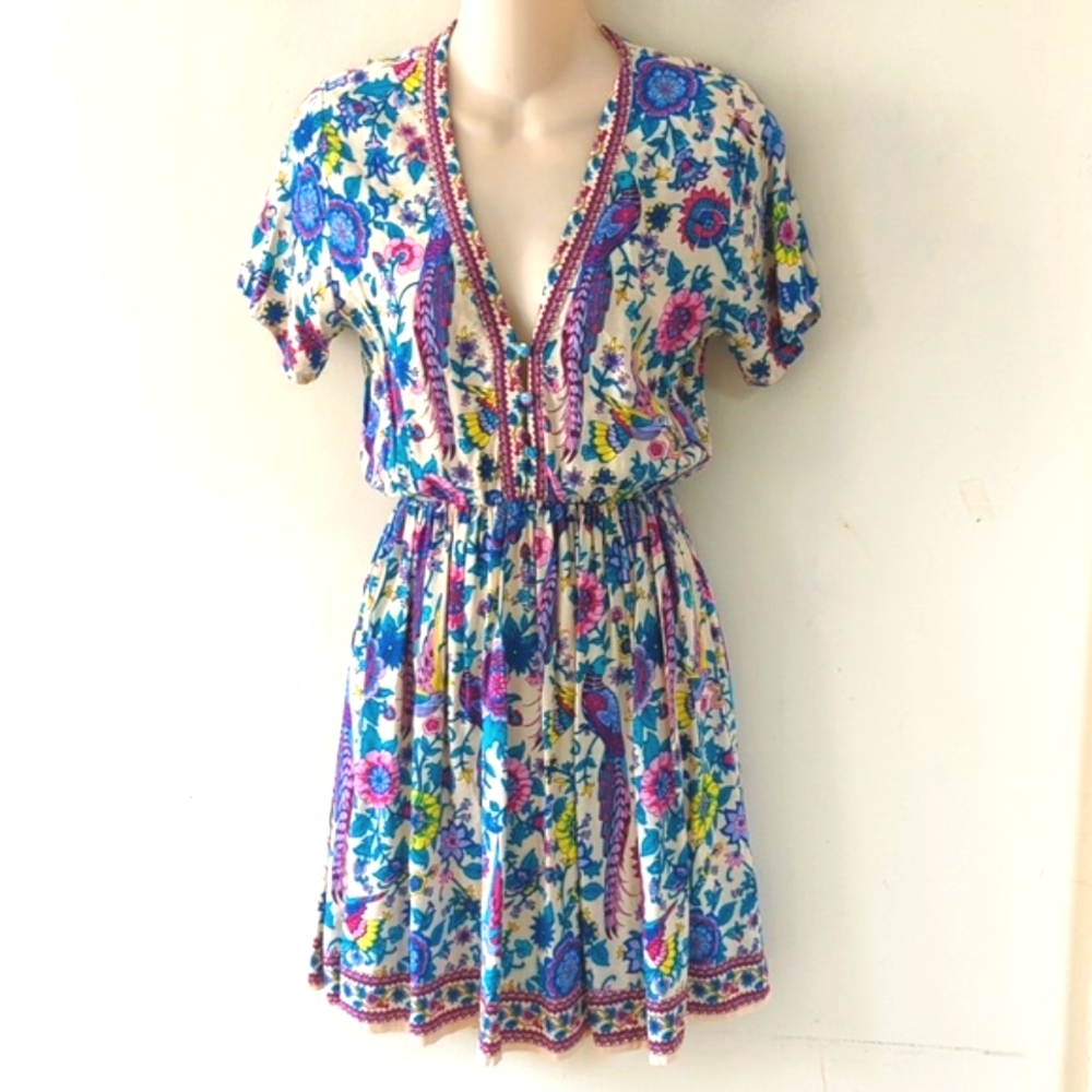 Mora Floral Bird Boho Mini Dress M - Picture 6 of 16